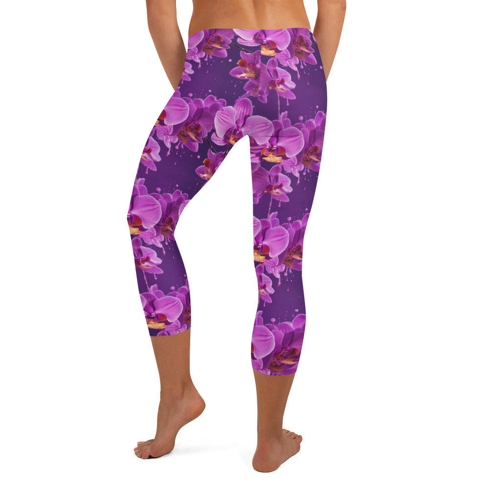 Purple Orchid Floral Print Capri Leggings