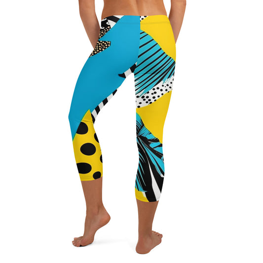 Yellow & Blue Abstract Geometric Pattern Capri Leggings