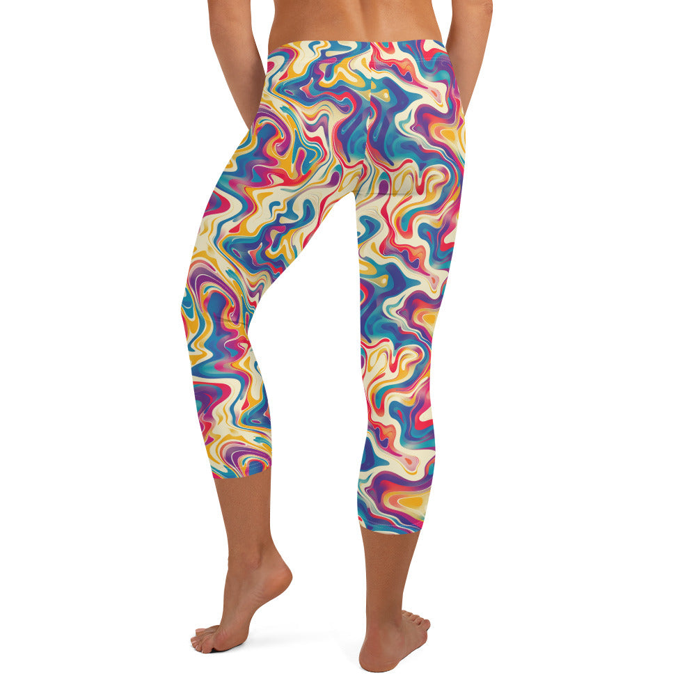 Psychedelic Color Flow Pattern Printed Capri Leggings