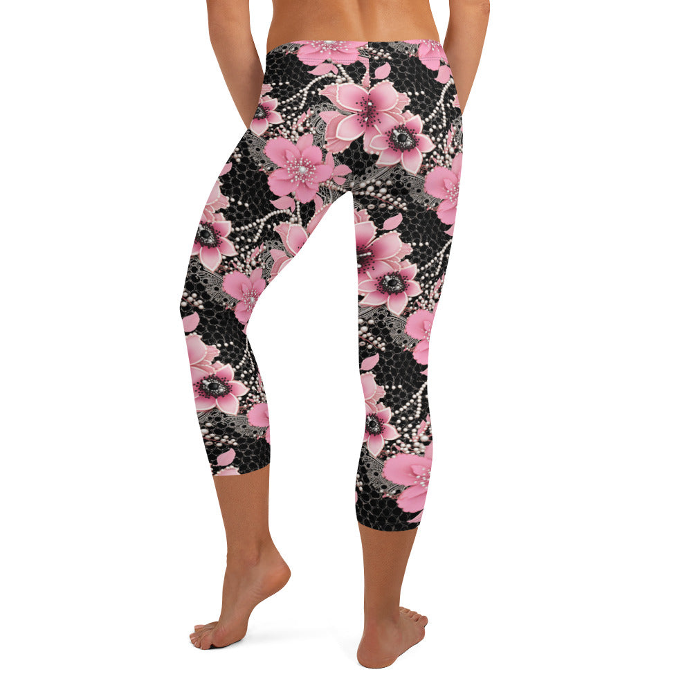 Pink Floral Pearl Printed Capri Leggings