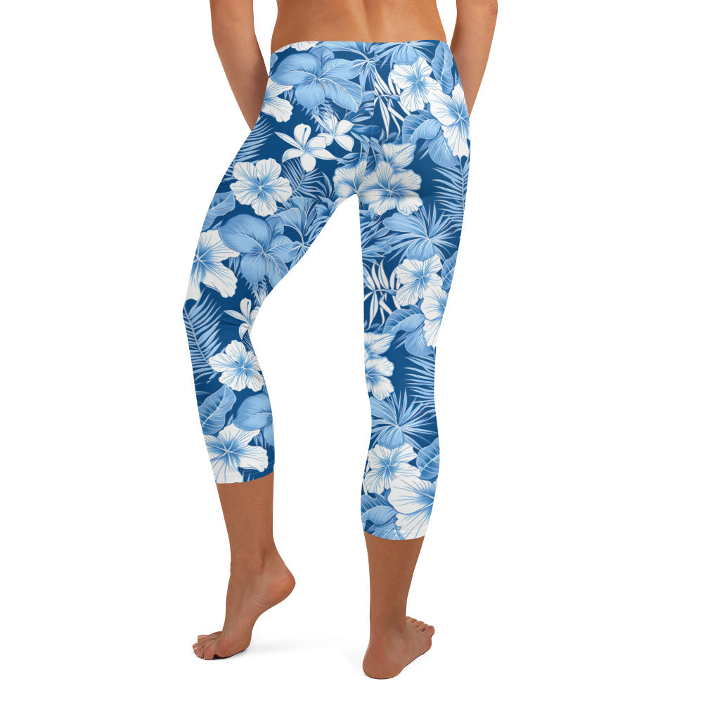 Shades of Blue Hibiscus Floral Printed Capri Leggings