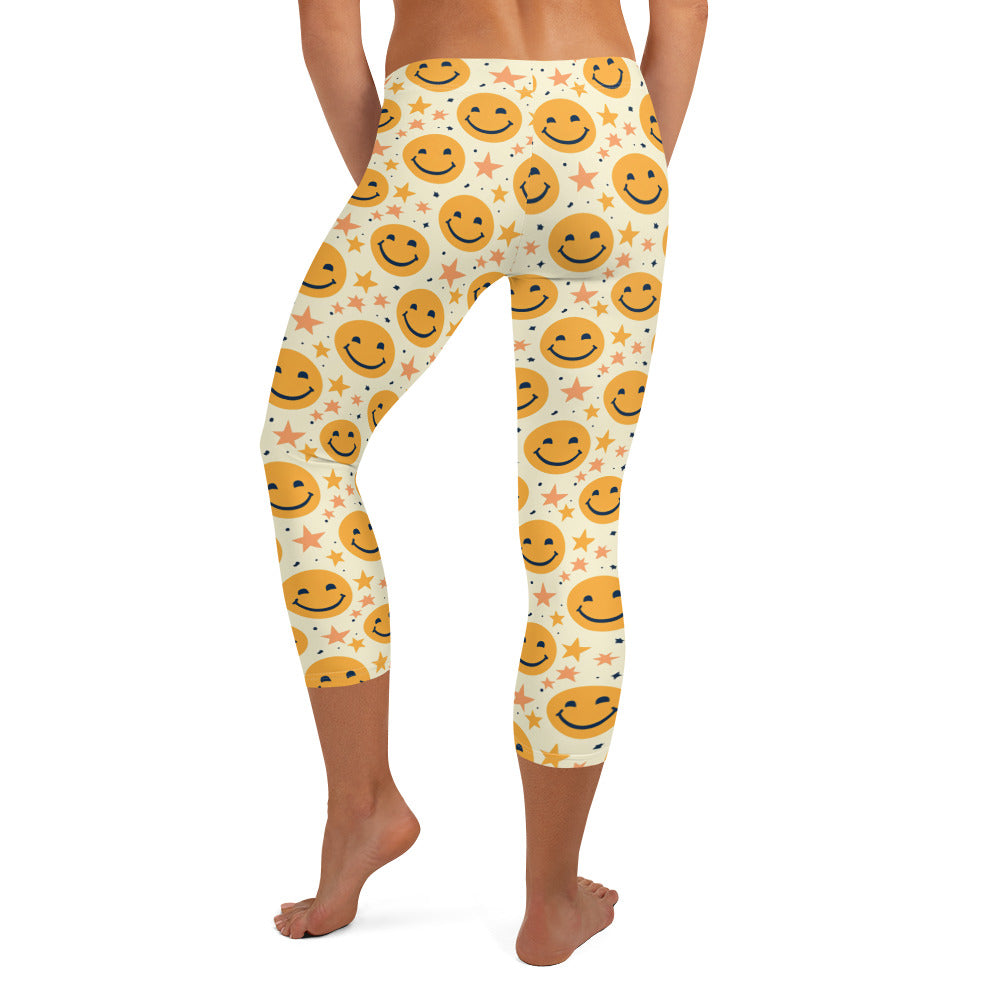 Yellow Emoji & Stars Printed Capri Leggings