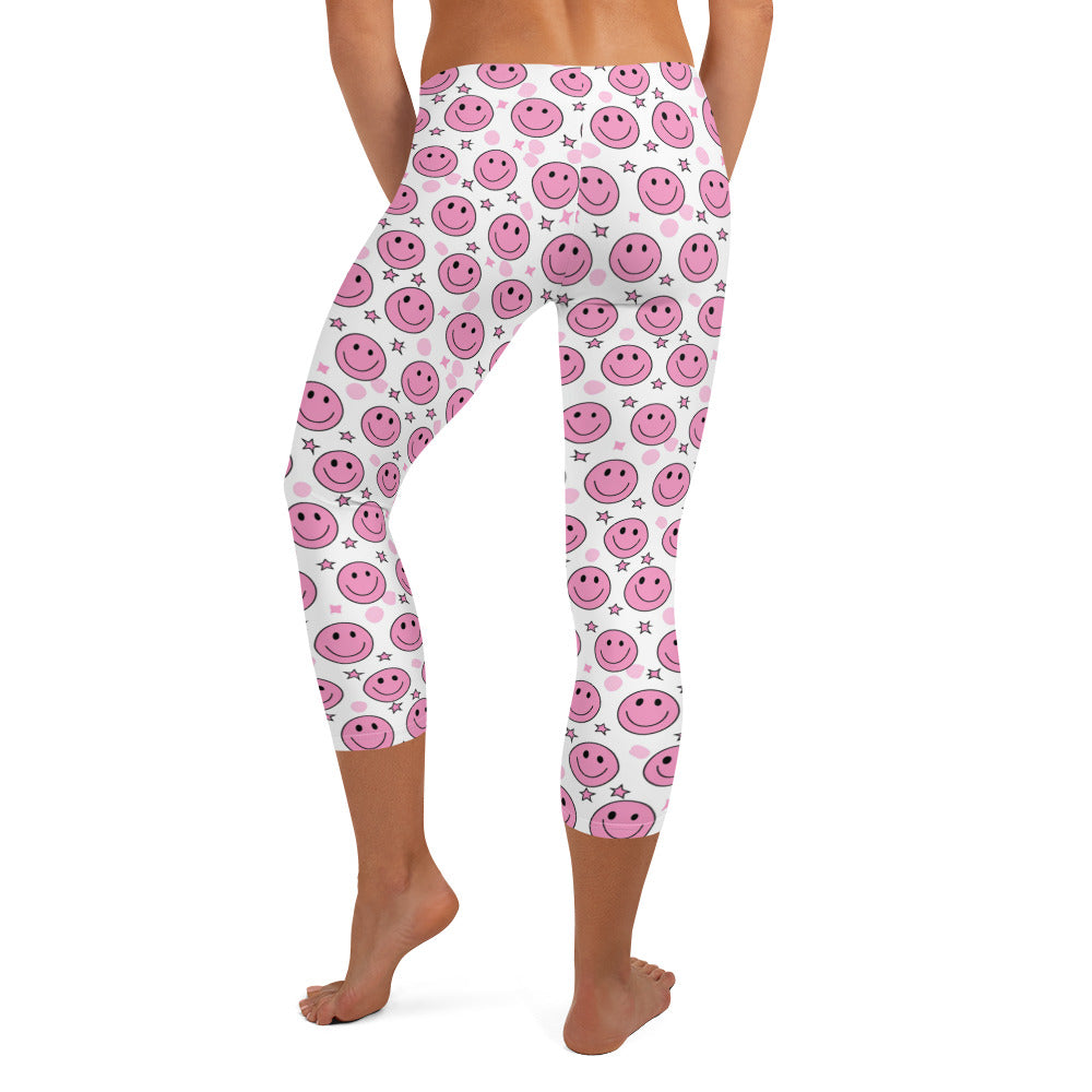 Groovy Pink Emoji Smiley & Stars Printed Capri Leggings