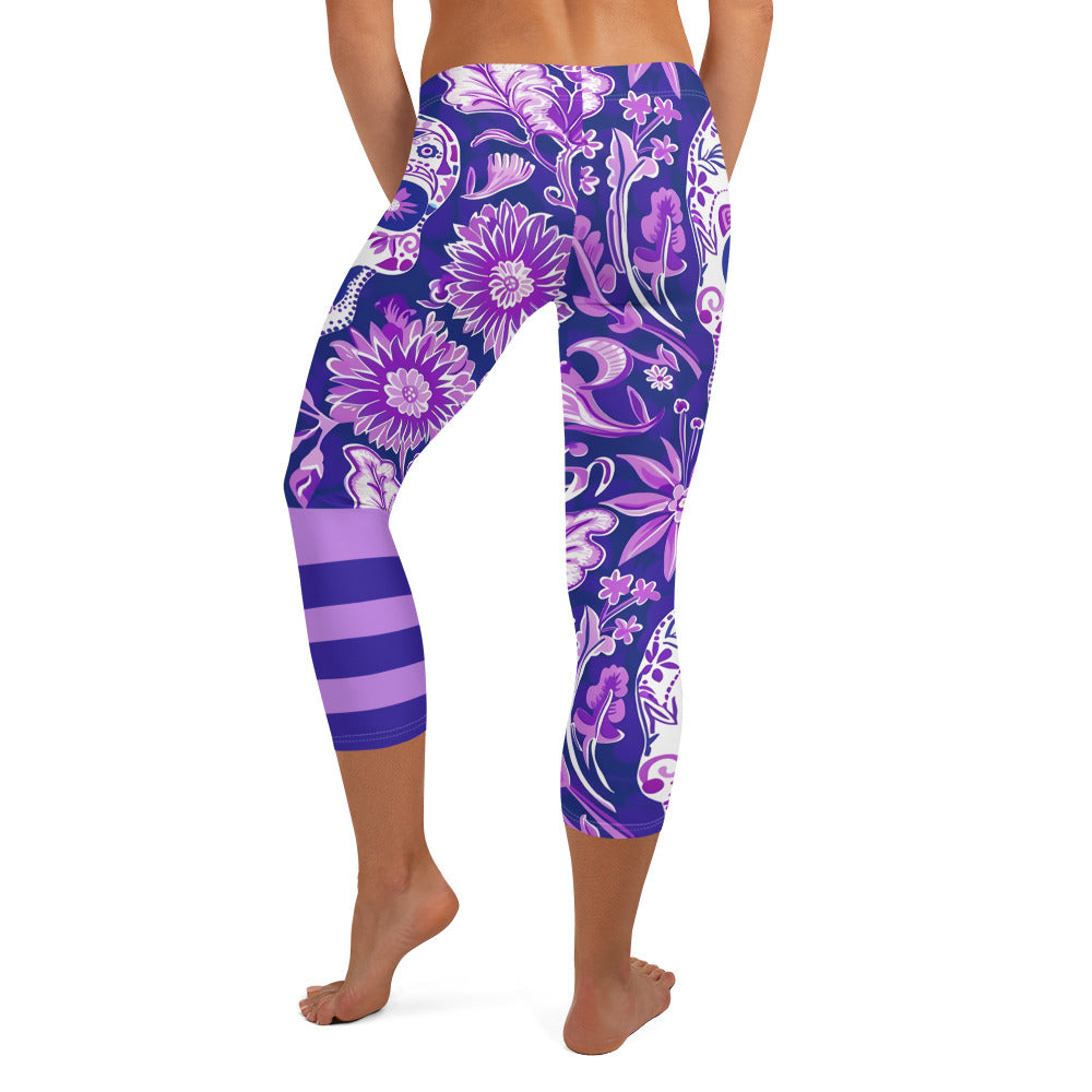 Purple Sugar Skull Printed Capri Leggings