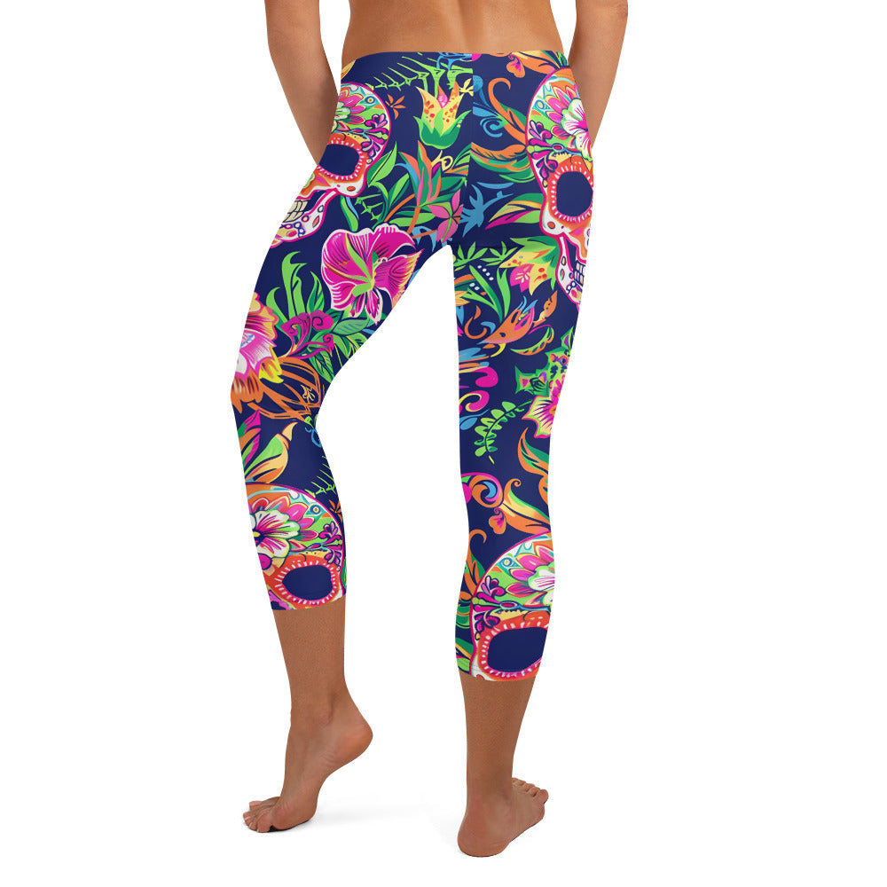 Sugar Skull & Tropical Floral Printed Capri Leggings