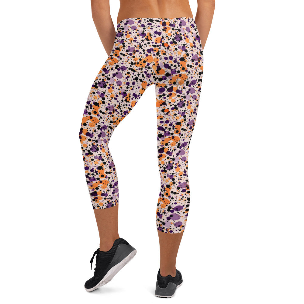 Orange Black Dots Splatter Capri Leggings