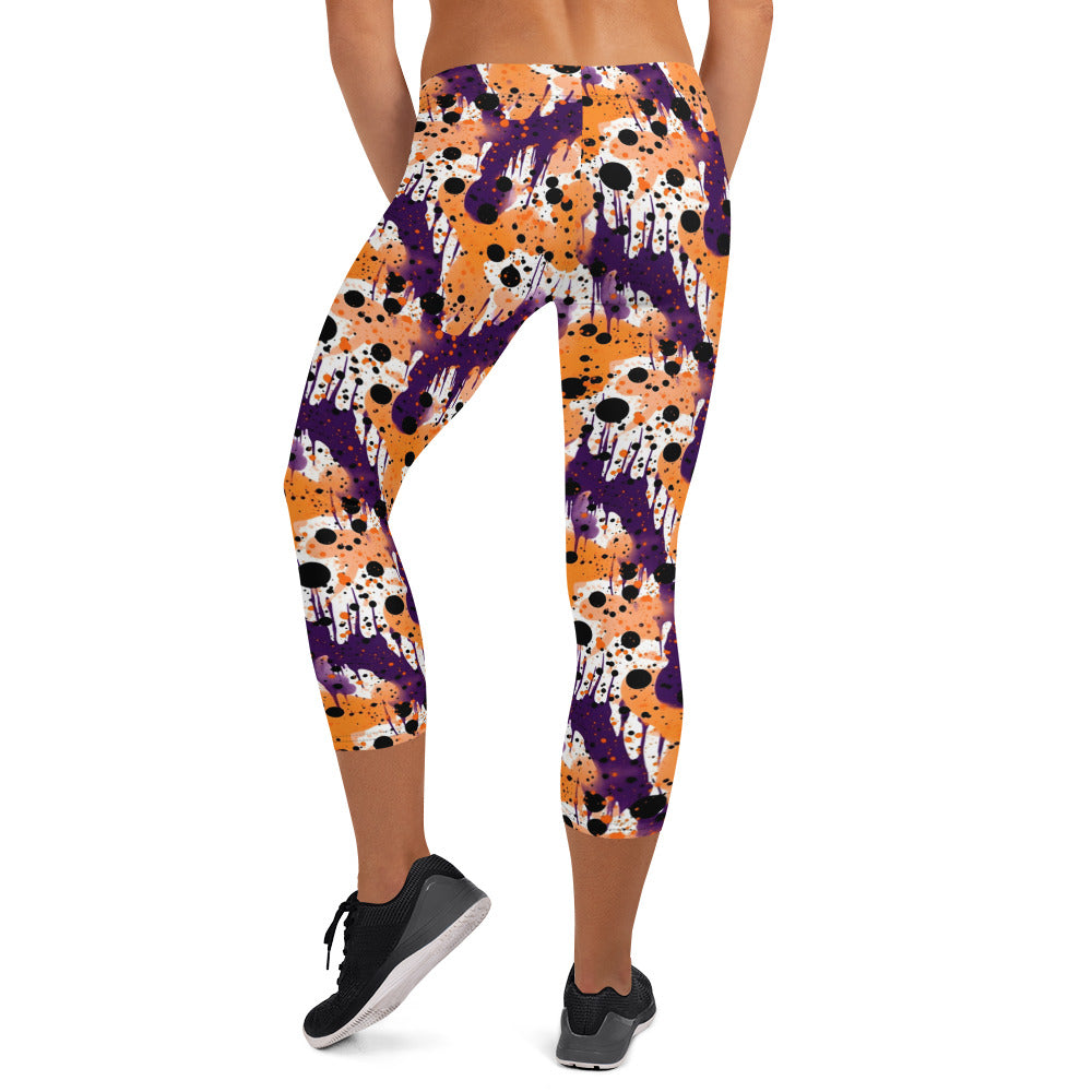 Orange Black Purple Color Splatter Capri Leggings