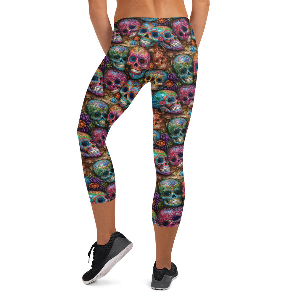 Colorful Sugar Skull Printed Capri Leggings