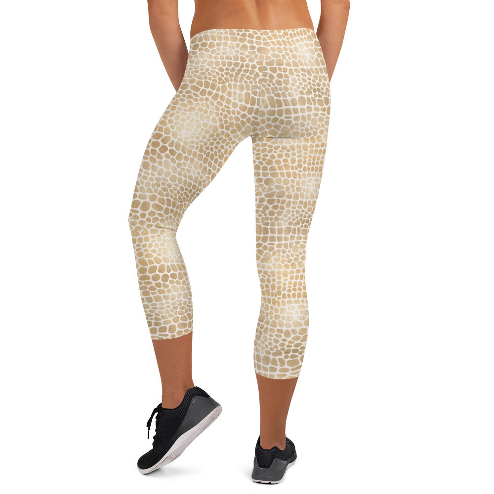 Shimmering Golden Crocodile Skin Printed Capri Leggings