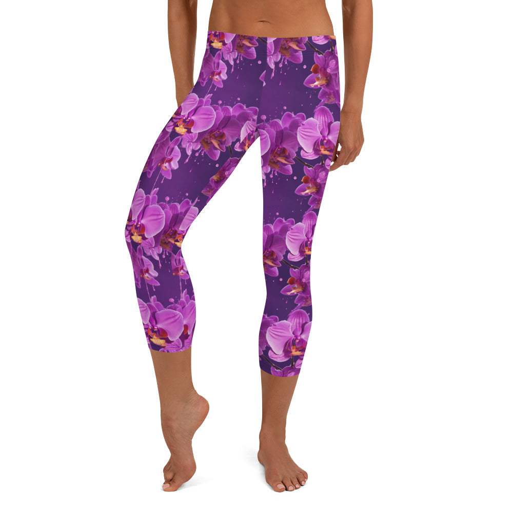 Purple Orchid Floral Print Capri Leggings