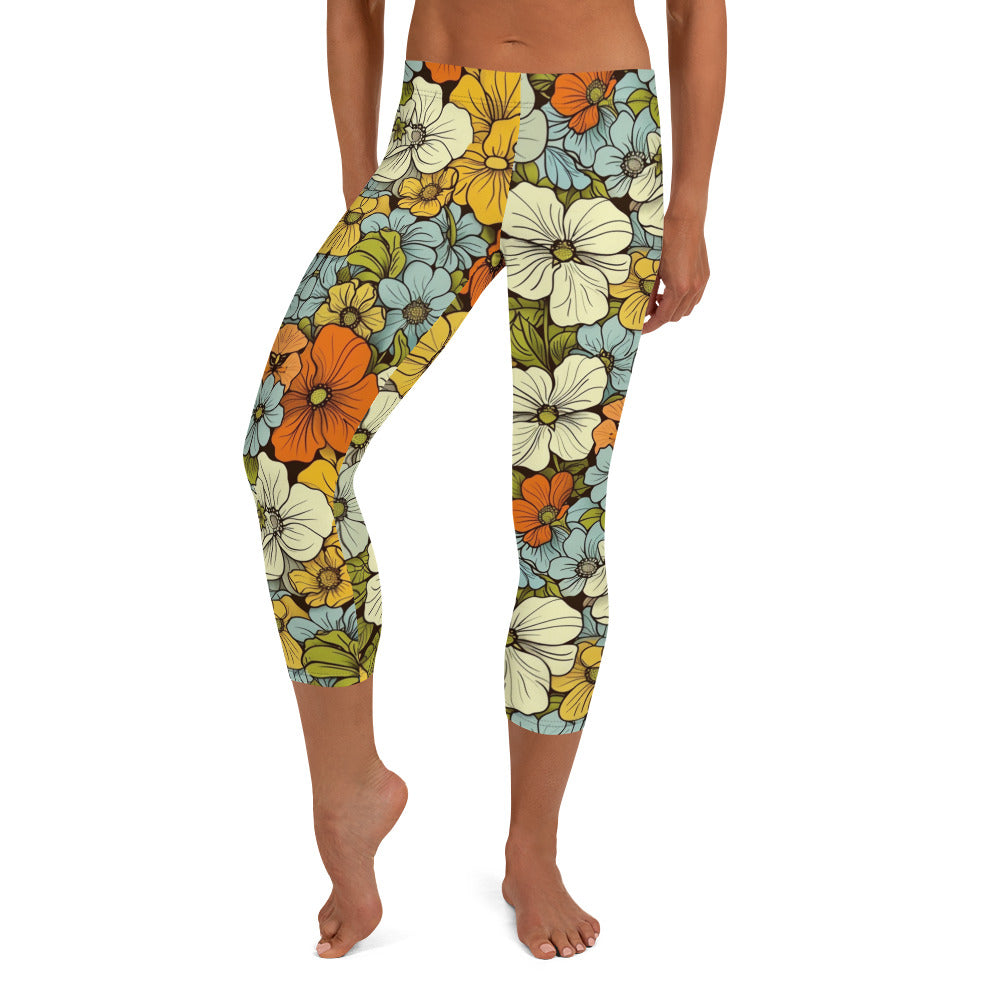 Spring Floral Print Capri Leggings