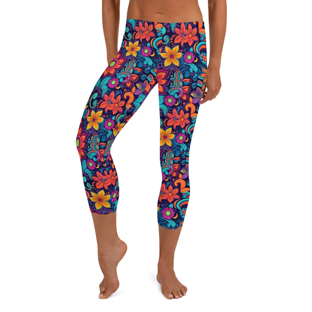 Hippie Floral Print Capri Leggings