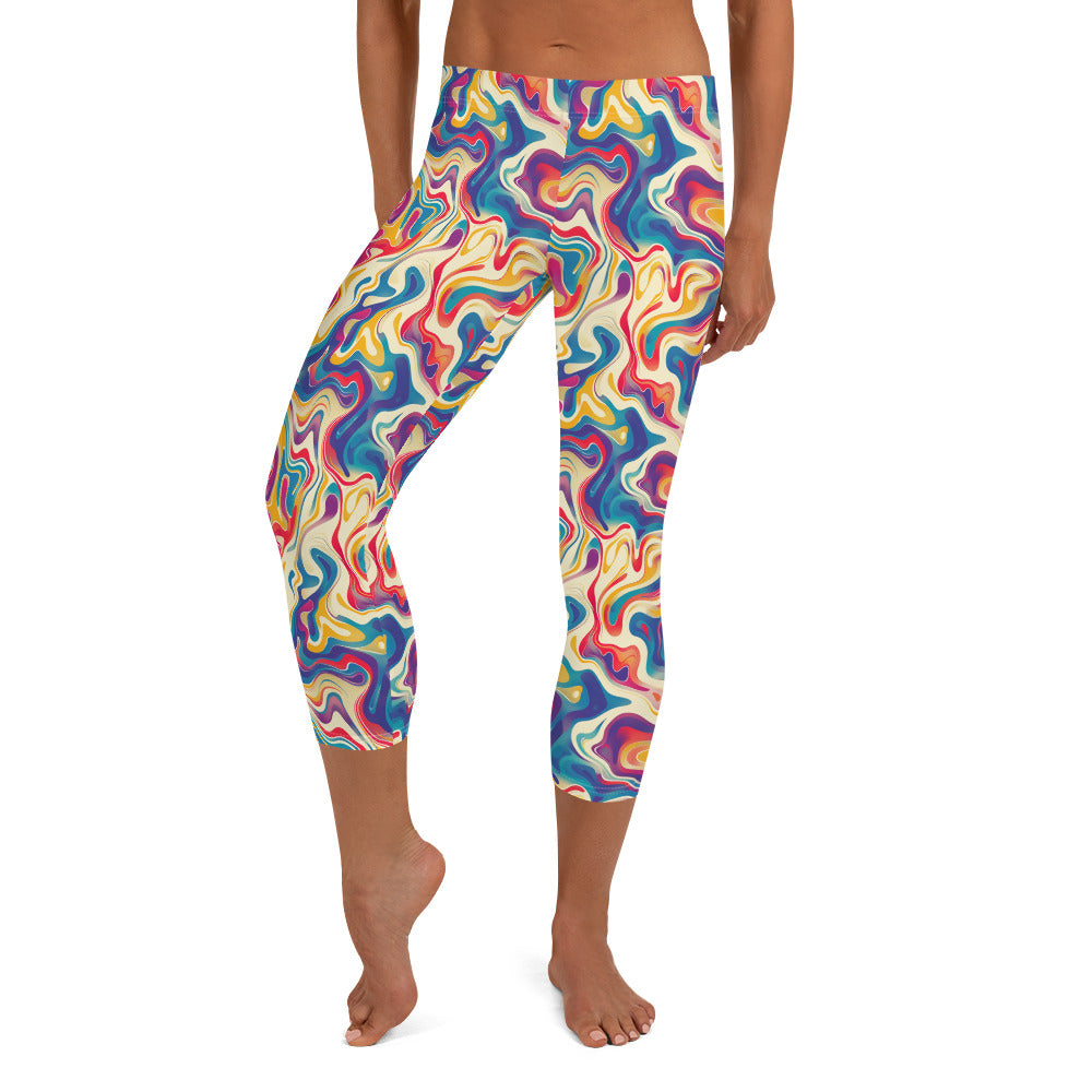 Psychedelic Color Flow Pattern Printed Capri Leggings