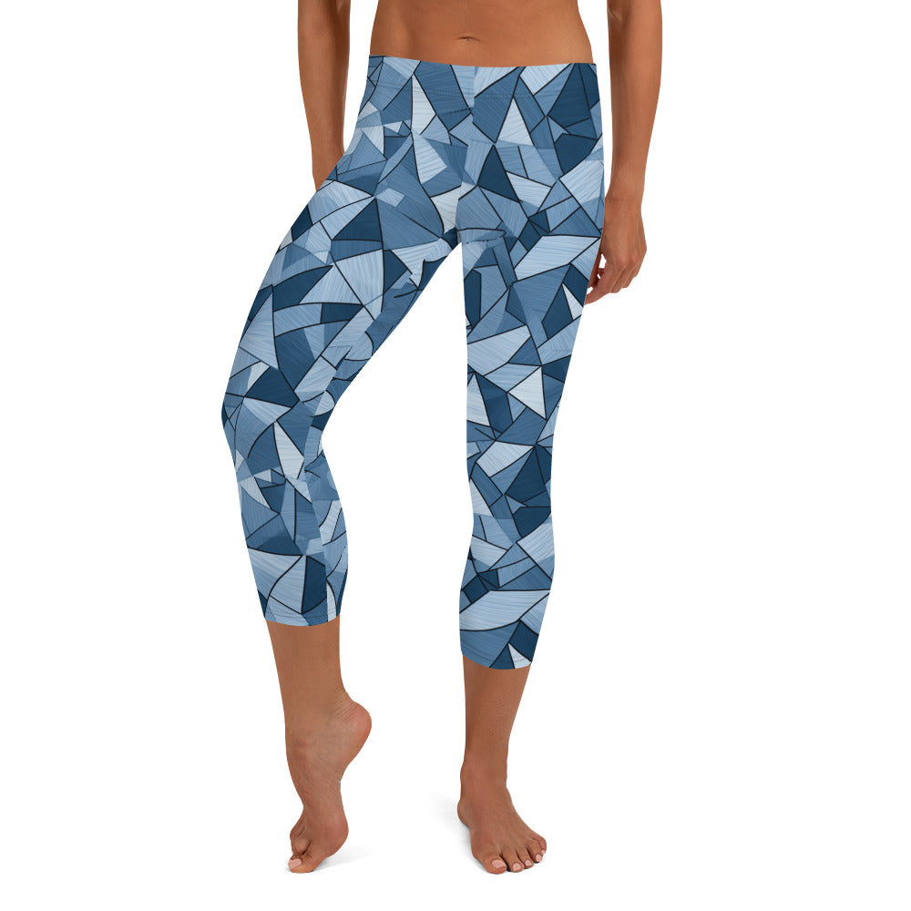 Denim Geometric Pattern Capri Leggings