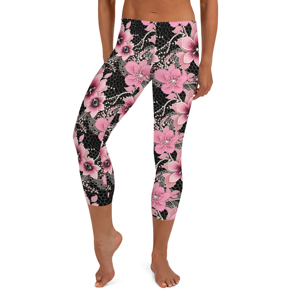 Pink Floral Pearl Printed Capri Leggings