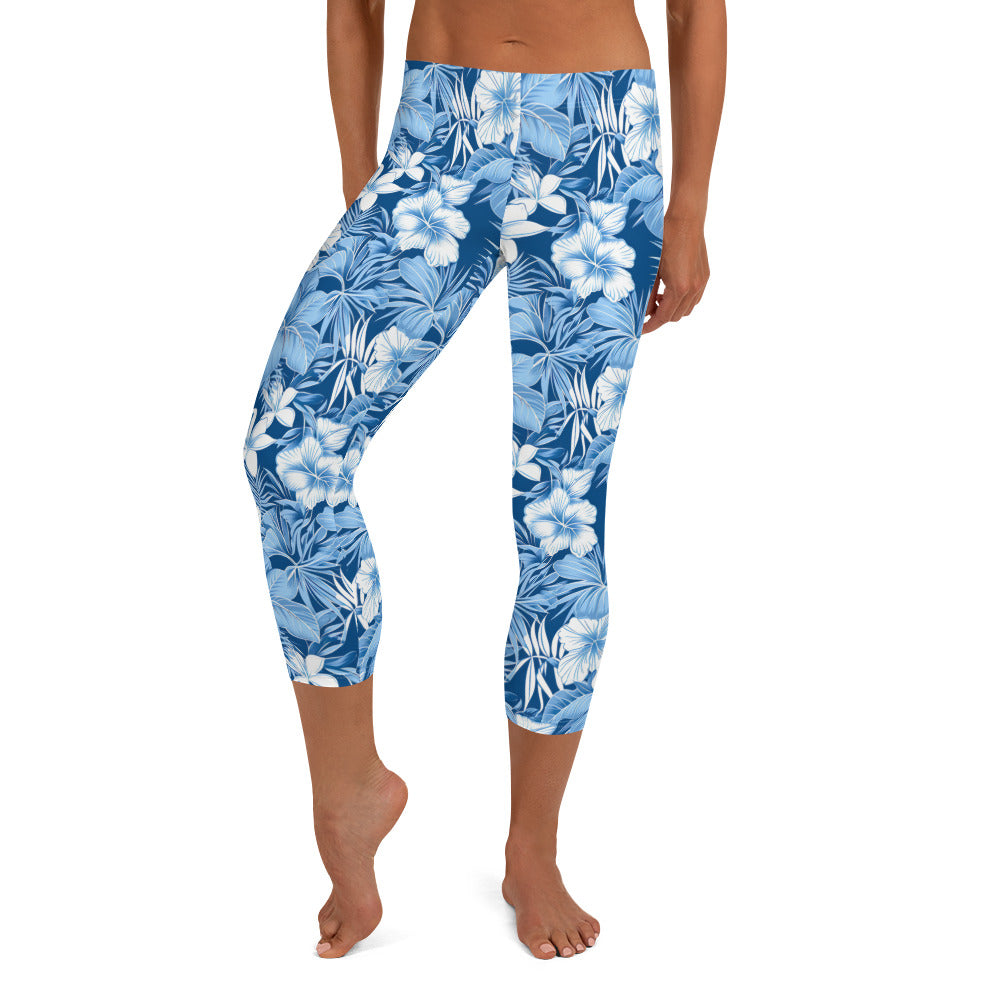 Shades of Blue Hibiscus Floral Printed Capri Leggings