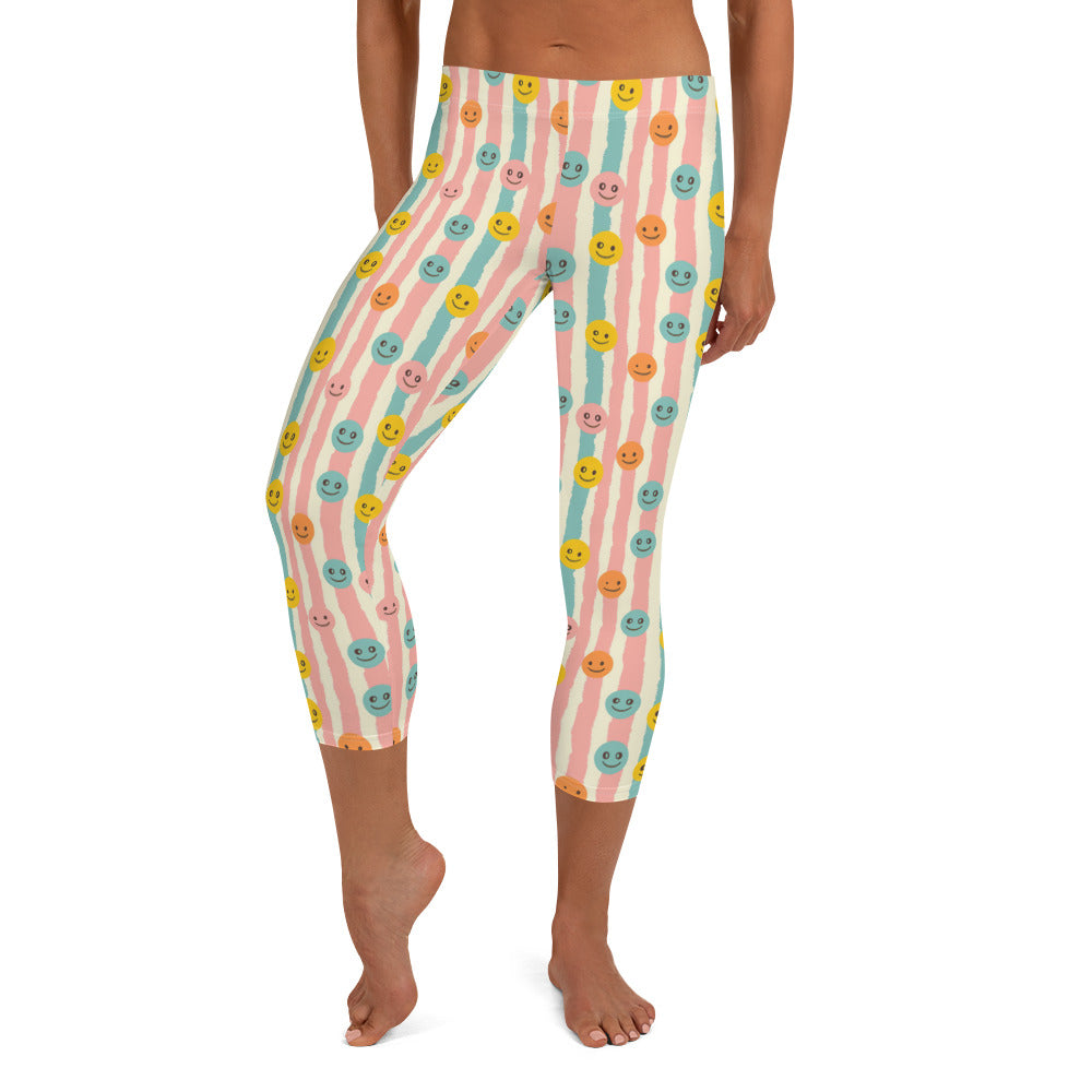 Groovy Smiley Emoji Printed Capri Leggings