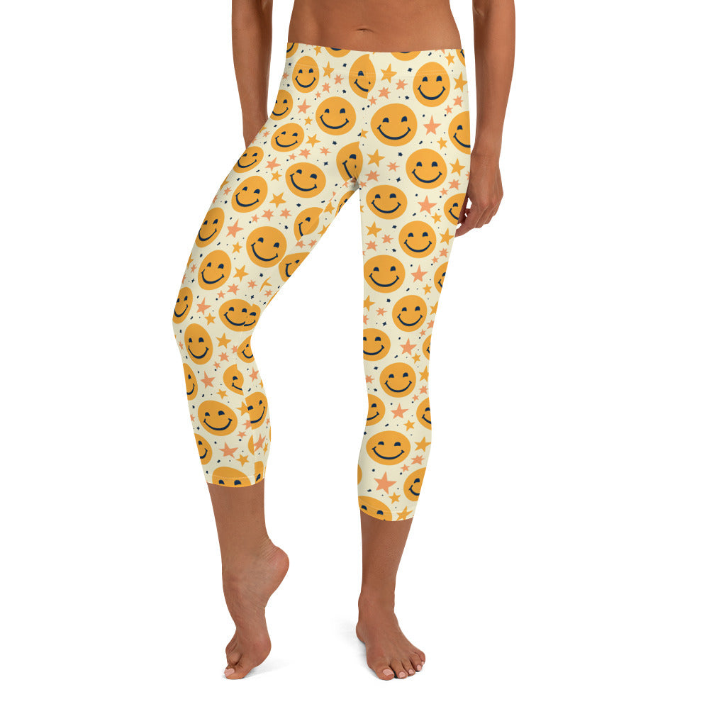 Yellow Emoji & Stars Printed Capri Leggings