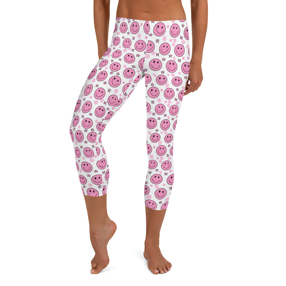 Groovy Pink Emoji Smiley & Stars Printed Capri Leggings