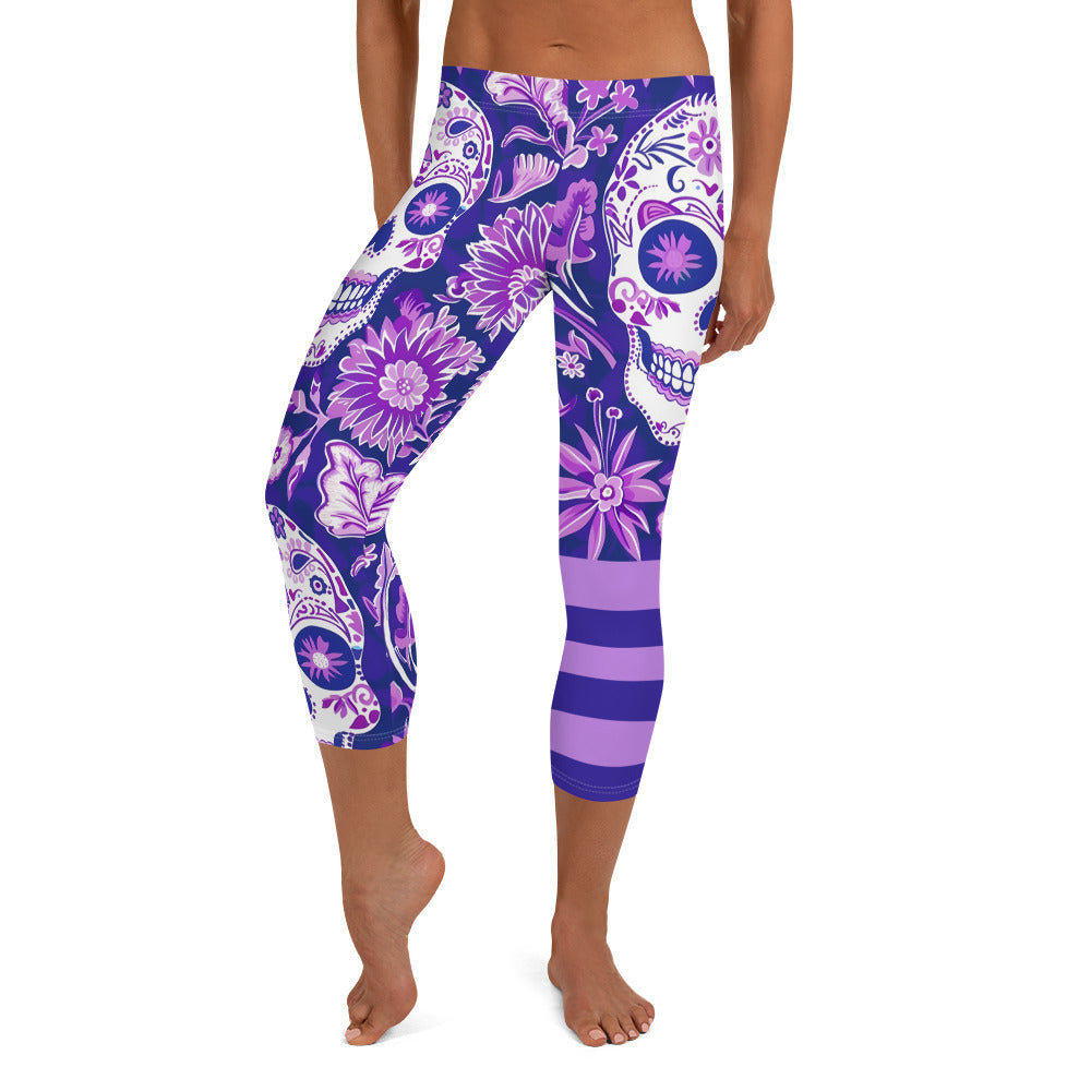 Purple Sugar Skull Printed Capri Leggings