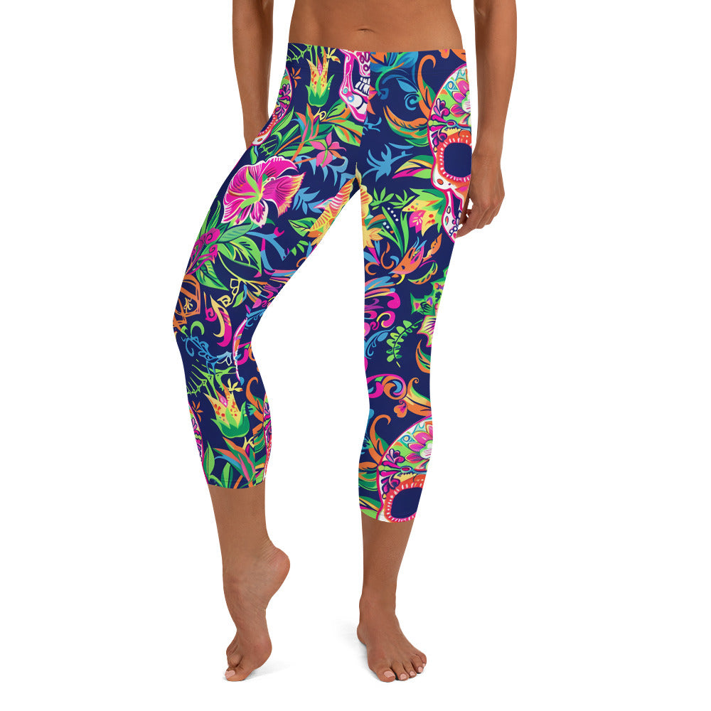 Sugar Skull & Tropical Floral Printed Capri Leggings