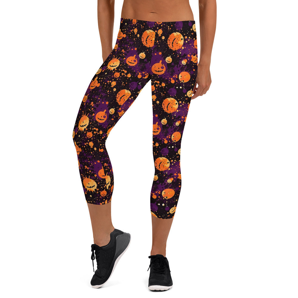 Spooky Pumpkin Splatter Halloween Capri Leggings