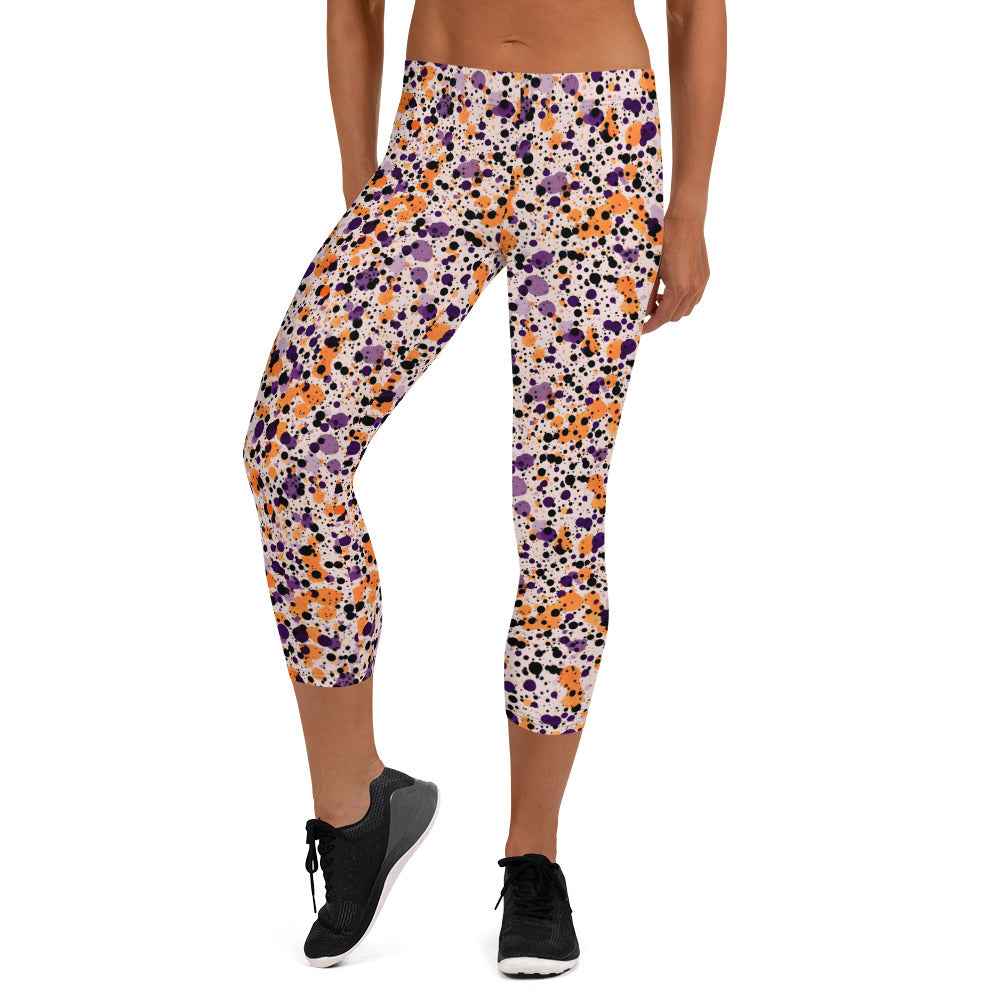 Orange Black Dots Splatter Capri Leggings