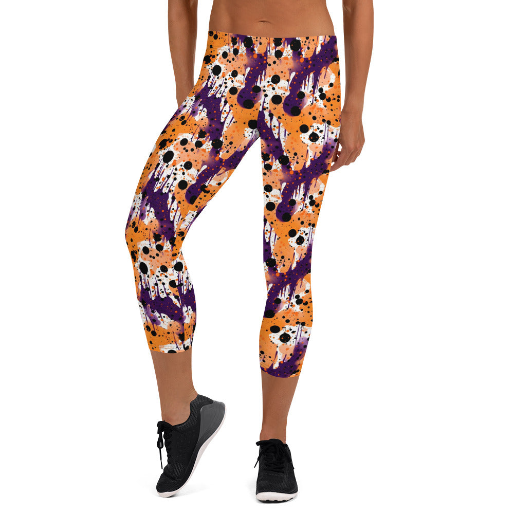 Orange Black Purple Color Splatter Capri Leggings