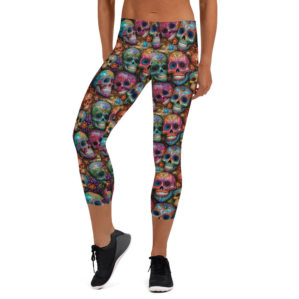 Colorful Sugar Skull Printed Capri Leggings