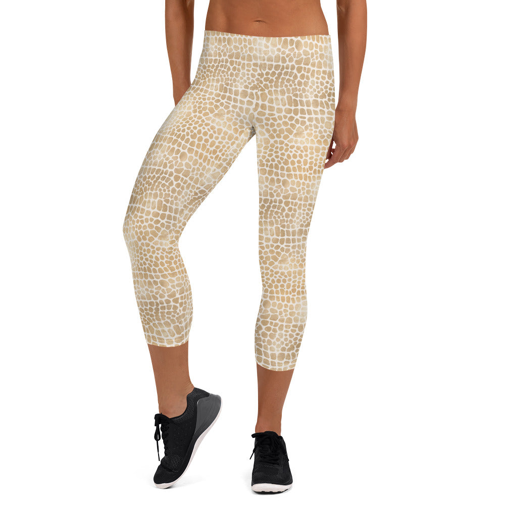 Shimmering Golden Crocodile Skin Printed Capri Leggings