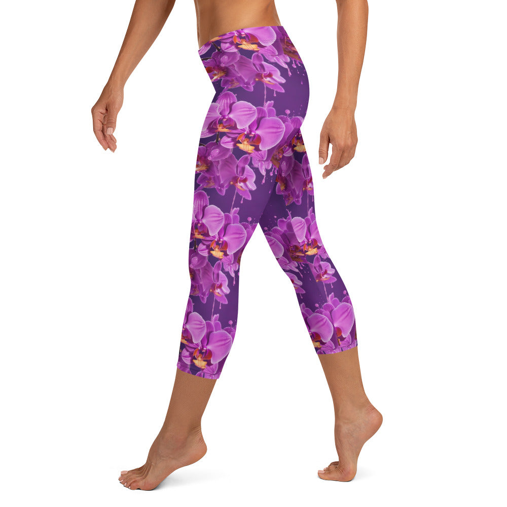 Purple Orchid Floral Print Capri Leggings