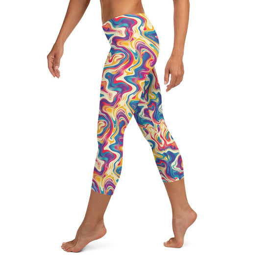 Psychedelic Color Flow Pattern Printed Capri Leggings