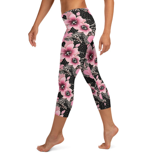 Pink Floral Pearl Printed Capri Leggings