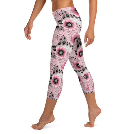 Pink & Black Floral Printed Capri Leggings