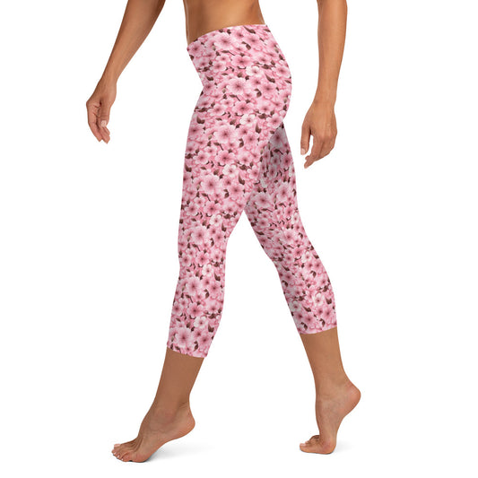 Pink Cherry Blossom Floral Pattern Capri Leggings