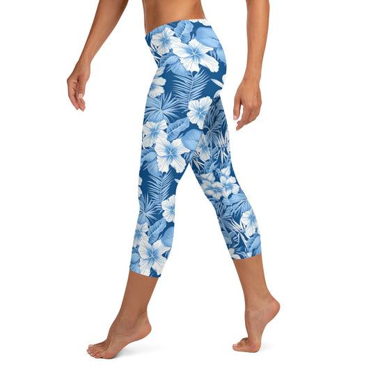 Shades of Blue Hibiscus Floral Printed Capri Leggings