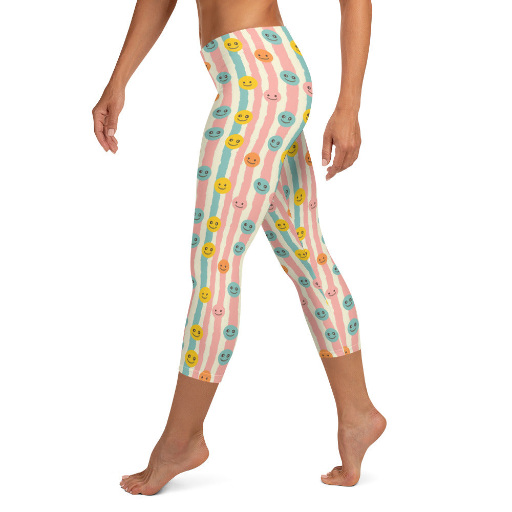 Groovy Smiley Emoji Printed Capri Leggings