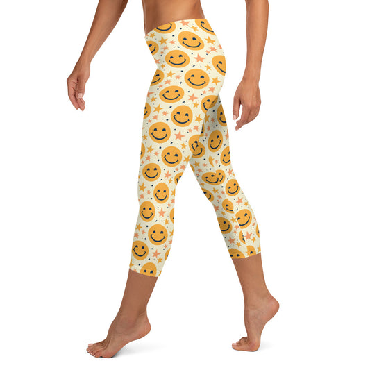 Yellow Emoji & Stars Printed Capri Leggings