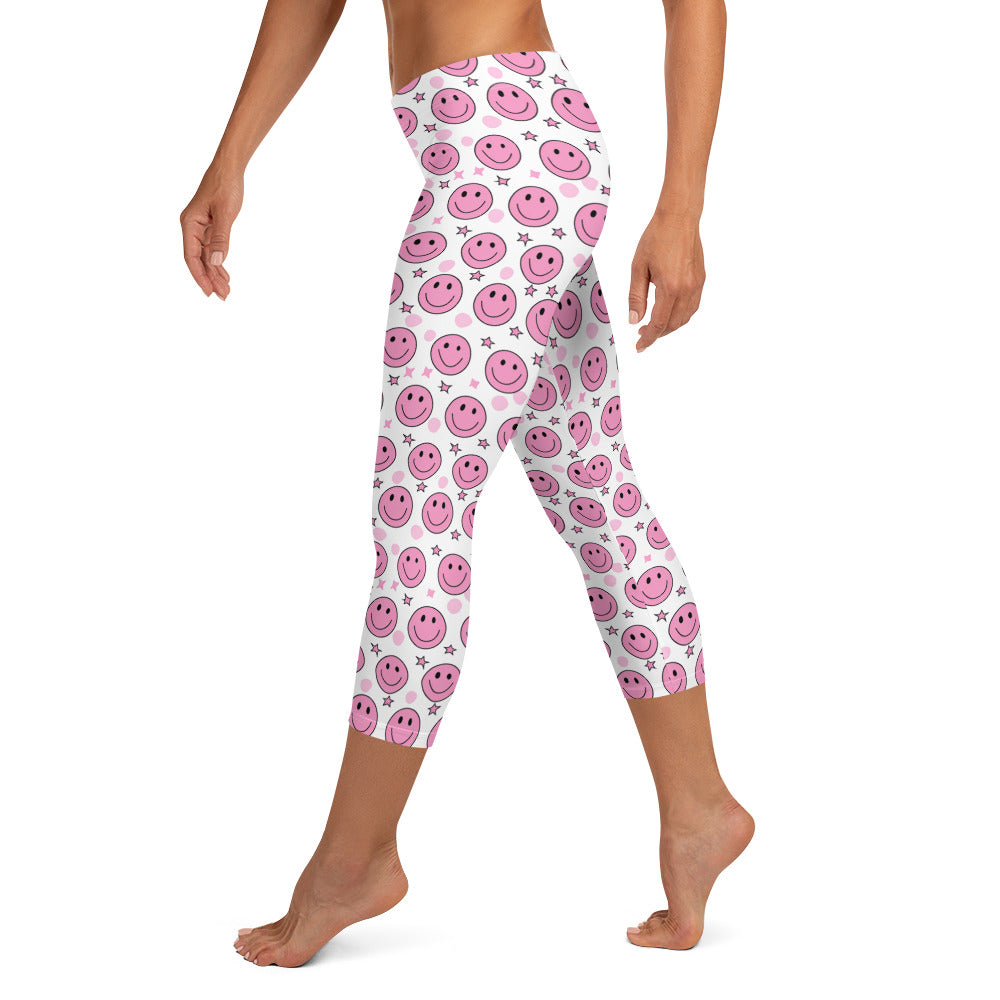 Groovy Pink Emoji Smiley & Stars Printed Capri Leggings