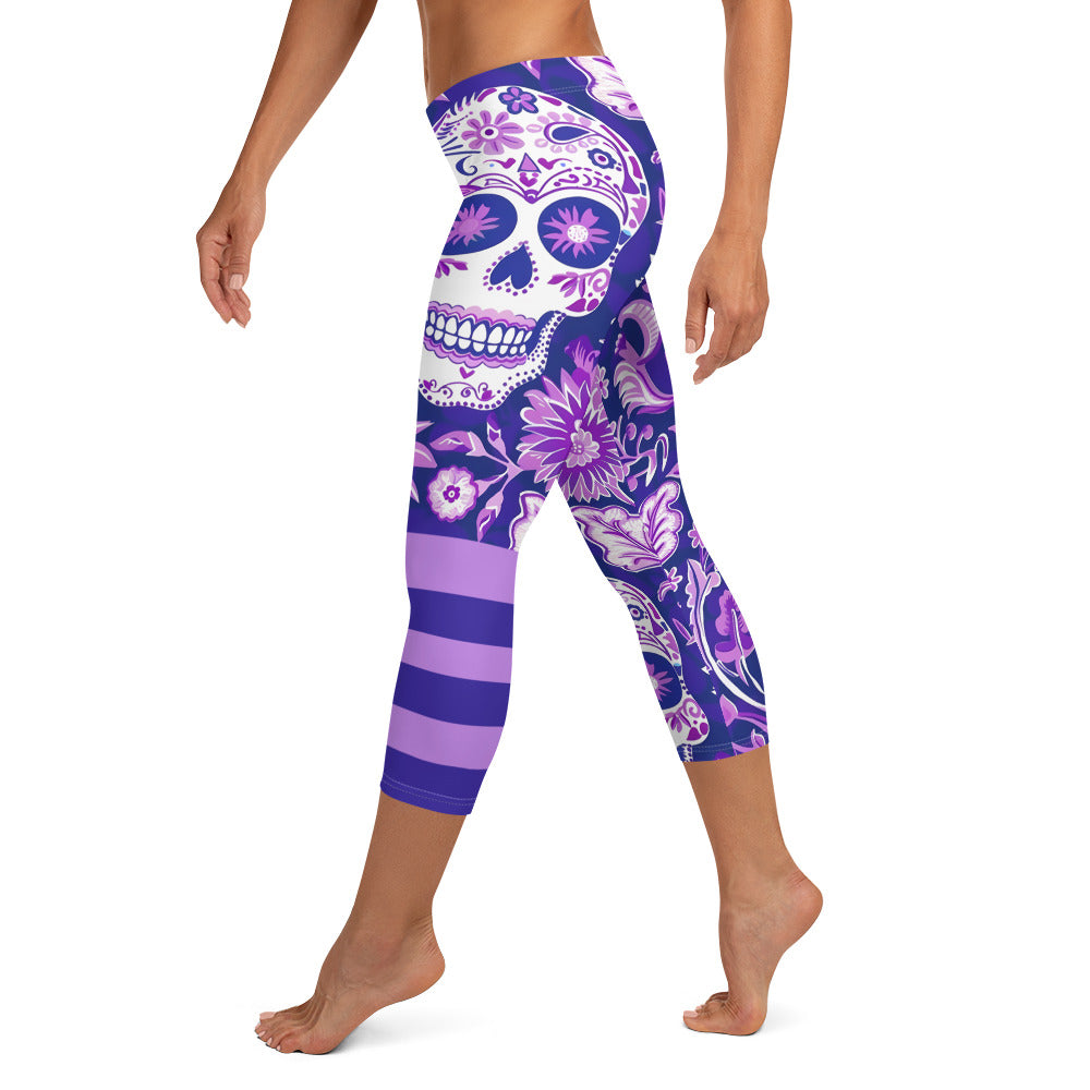 Purple Sugar Skull Printed Capri Leggings