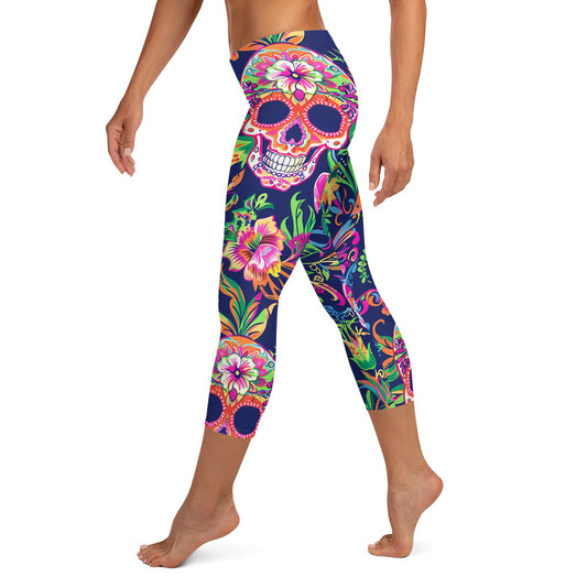 Sugar Skull & Tropical Floral Printed Capri Leggings