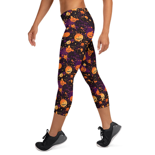 Spooky Pumpkin Splatter Halloween Capri Leggings