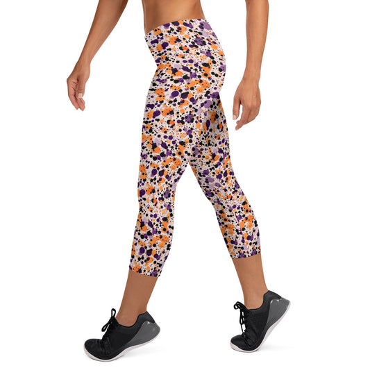 Orange Black Dots Splatter Capri Leggings