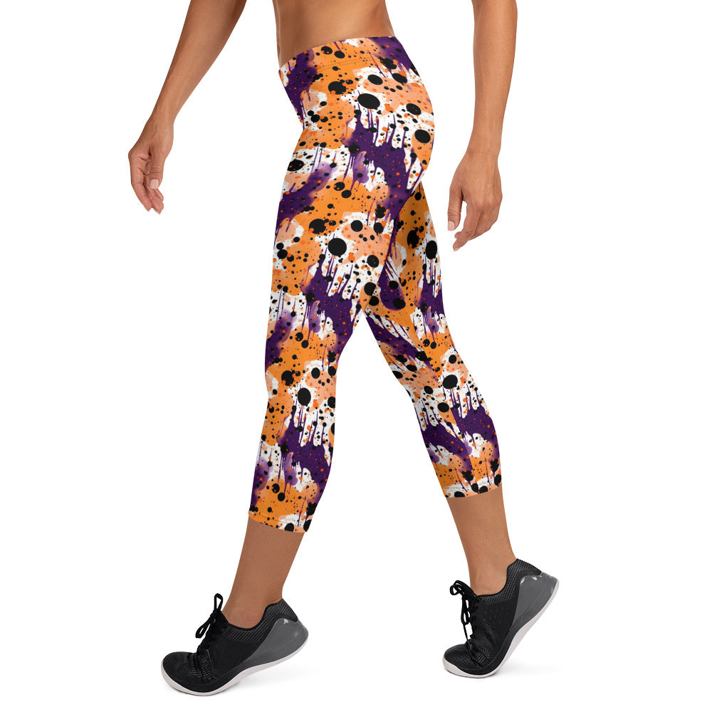 Orange Black Purple Color Splatter Capri Leggings