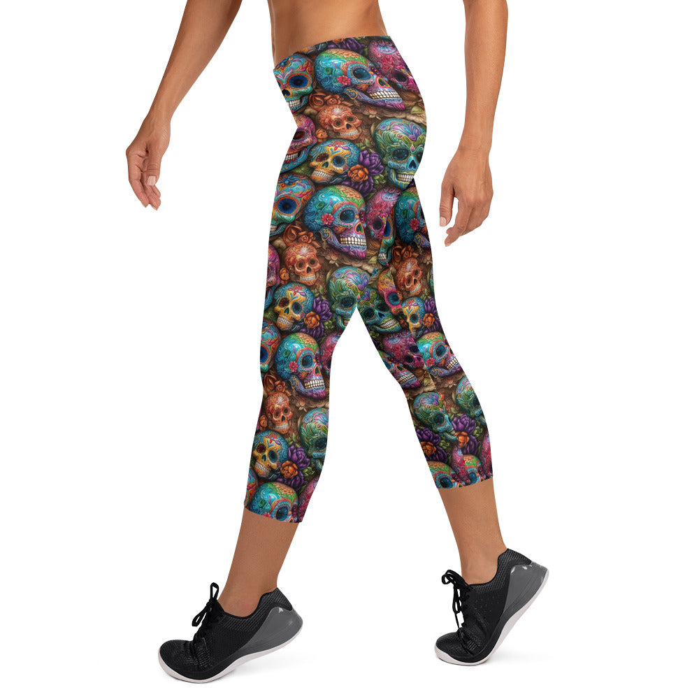 Colorful Sugar Skull Printed Capri Leggings