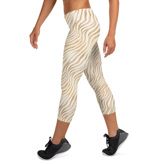 Shimmering Golden Zebra Skin Printed Capri Leggings