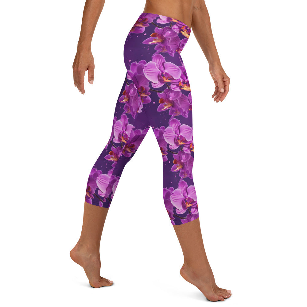 Purple Orchid Floral Print Capri Leggings