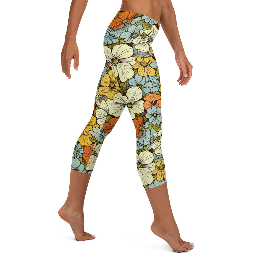 Spring Floral Print Capri Leggings