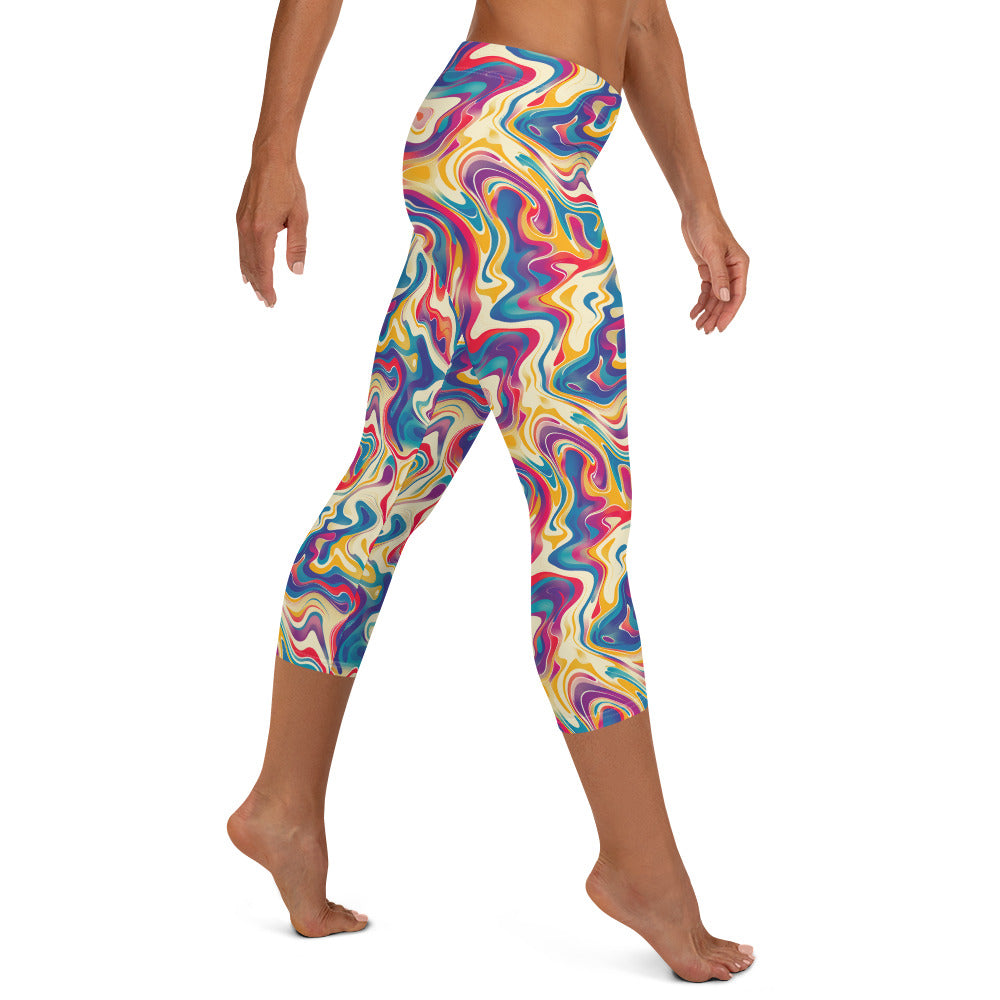 Psychedelic Color Flow Pattern Printed Capri Leggings