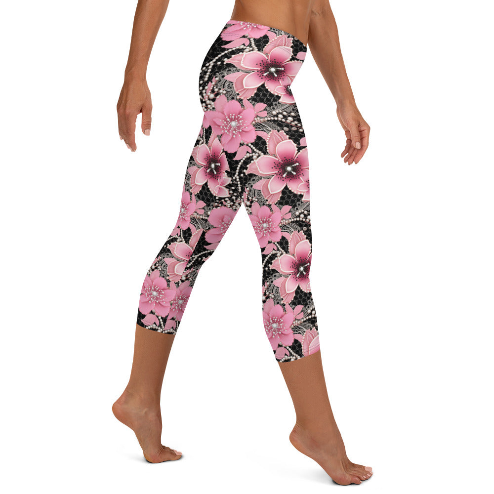 Pink Floral Pearl Printed Capri Leggings